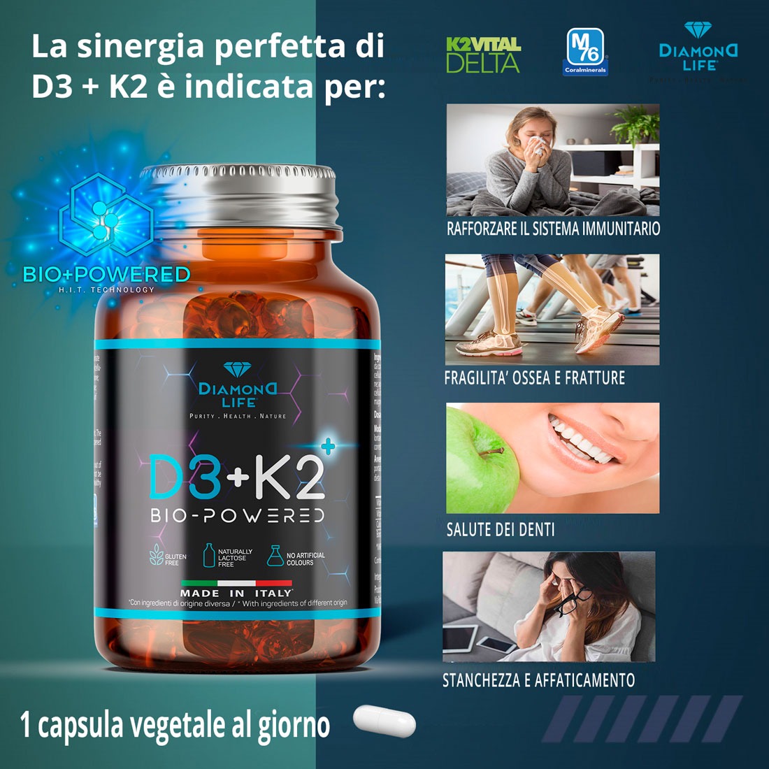 Vitamine D3+K2 BioPowered - Nutraceutico Naturale Bio Potenziato Rafforzante Osseo - 60 Capsule Vegetali - immagine 2