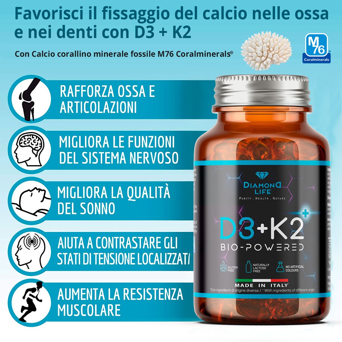 Vitamine D3+K2 BioPowered - Nutraceutico Naturale Bio Potenziato Rafforzante Osseo - 60 Capsule Vegetali - immagine 5